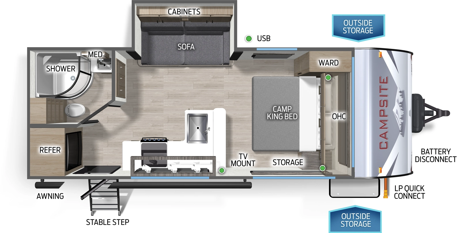 The Campsite Ultra 19KB floorplan has one entry and one slide out. Exterior features include: fiberglass exterior. Interiors features include: front bedroom.