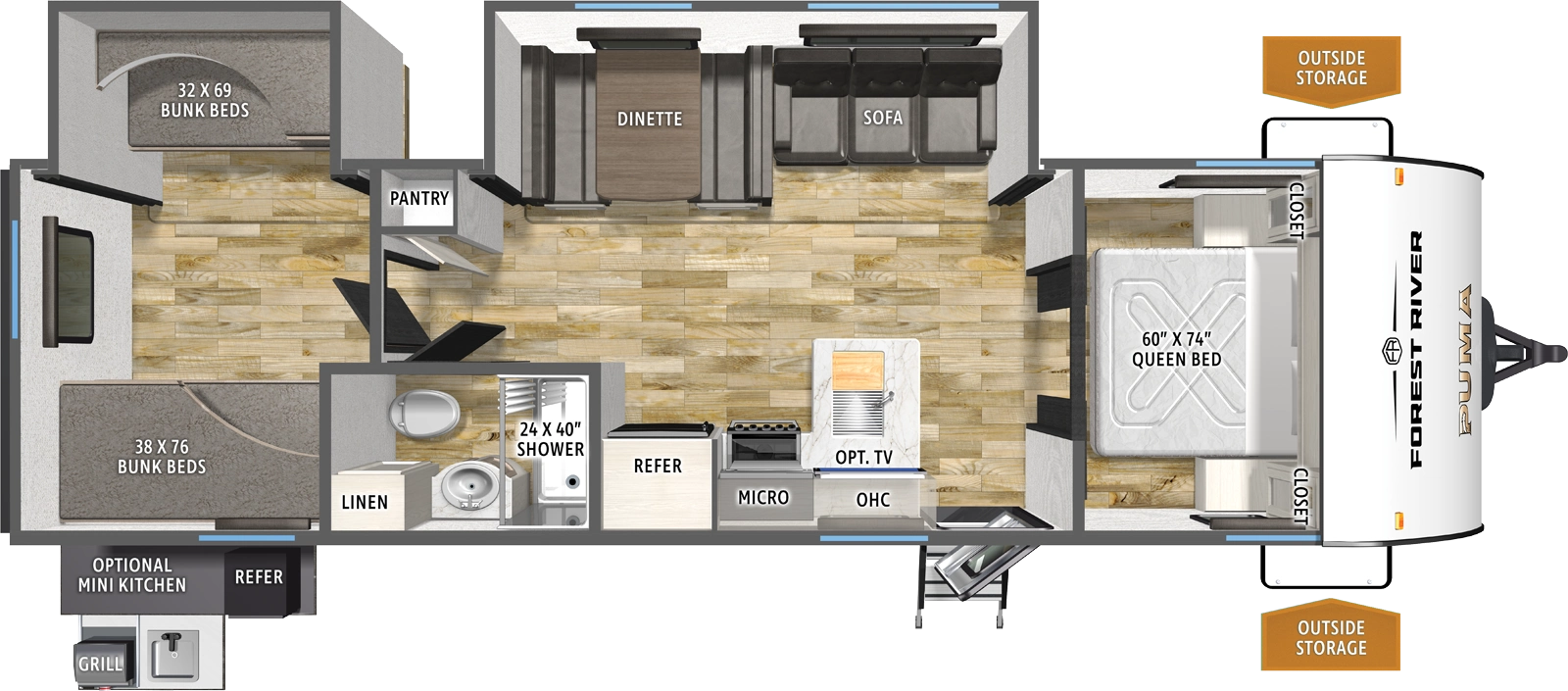 The Puma Camping Edition 305BHCE floorplan has one entry and two slide outs. Exterior features include: metal exterior, 15' awning and outside kitchen. Interiors features include: bunk beds and front bedroom.