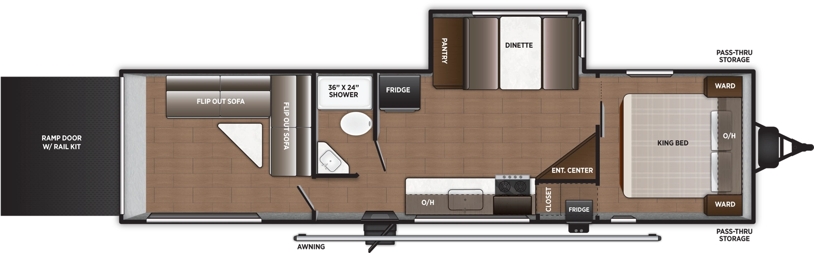 The Airelume 290 floorplan is a toy hauler that has one entry and one slide out. Exterior features include: metal exterior and 19' awning. Interiors features include: front bedroom.